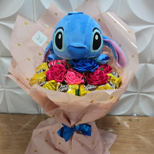 Buquê Rosas Eternas e Urso de Pelucia Stitch com Musica