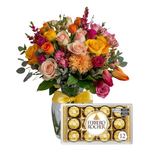 Arranjo de Mix de Flores no Vaso de Vidro com Ferrero Rocher