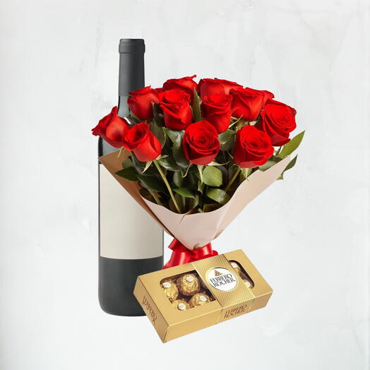 Buque de Rosas + Ferrero Rocher + Vinho