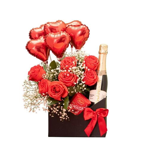 Cesta Luxo com Rosas Vermelhas, Lindt e Chandon