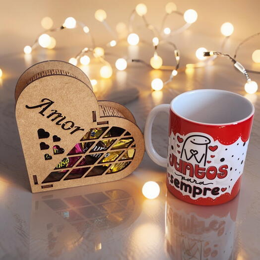 Kit Dia dos Namorados Caneca + Coração "Amor" com Sonho de Valsa/Ouro Branco