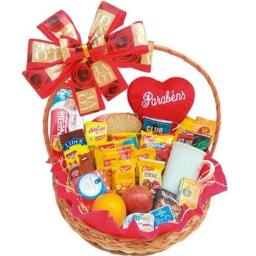 Cesta de Cafe c/ Pelucia, Frutas e Chocolate