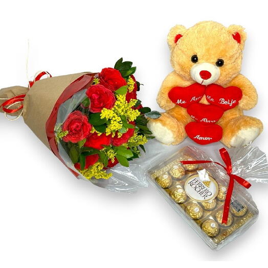 Buquê de 12 Rosas Vermelhas com Chocolates e Urso de Pelucia