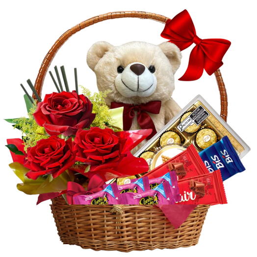 Cesta O Amor Esta no Ar, Trio de Rosas, Ursinho, Chocolates