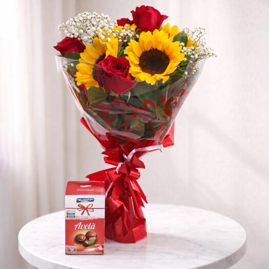 Buquê Mix de Rosa e Girassol e Avelã