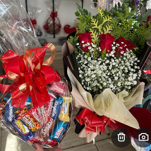 Kit Romântico 2, Ramalhete 3 Rosas , Coração de Bombons