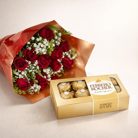 Buquê com 10 Botoes de Rosas e Caixa de Ferrero rocher