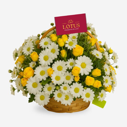 Cesta de Margaridas e Rosas Amarelas