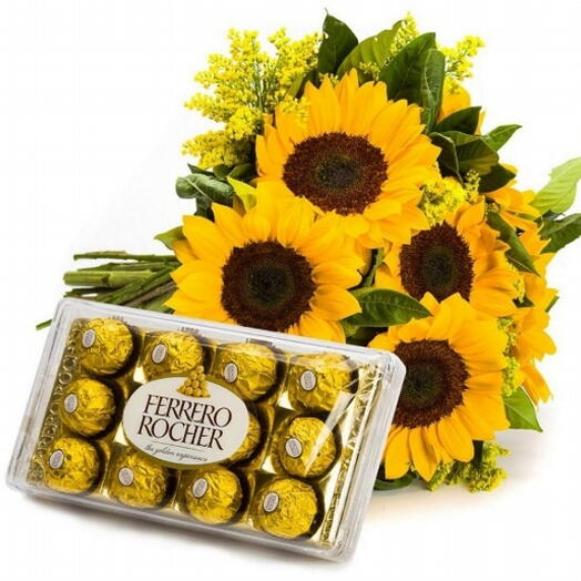 Buquê de Girasol e Ferrero