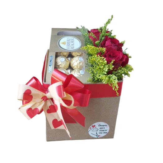 Box com Rosas e Chocolate  Ferrero Rocher Decoração Vermelha