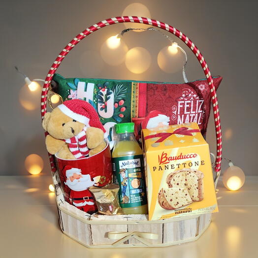 Cesta Cafe da Manhã "Feliz Natal" com Panettone ou Chocottone (Escolha o Seu)