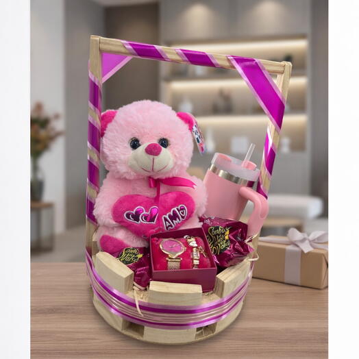 Cesta Tempo de Amar com Ursinho, Copo Termico