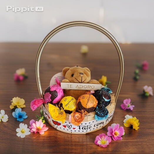 Cesta com Trufas Cacau Show e Mini Pelucia com Plaquinha "Te Adoro"