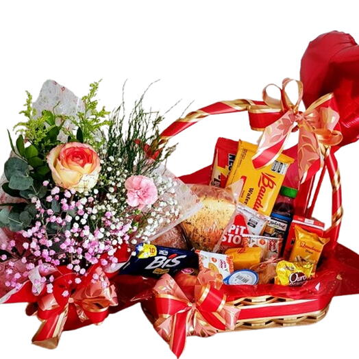 Cesta de Cafe da Manhã com Rosa Presente