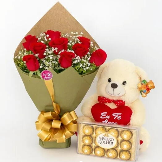 Buquê 10 Rosas+Ursinho+Ferrero
