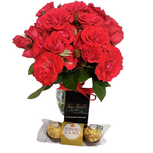 Lindo vaso de rosas vermelha spray com Ferrero Rocher