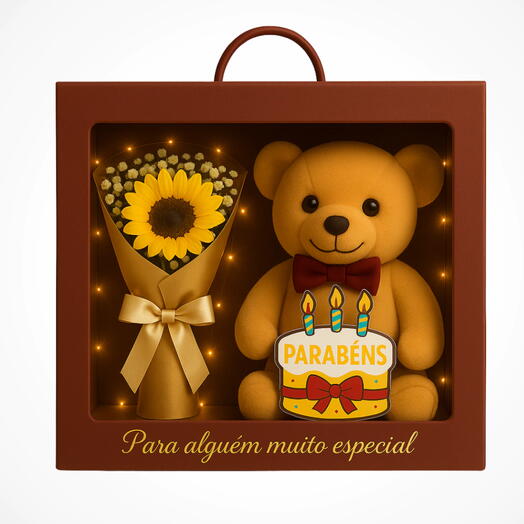 Kit Iluminado - Girassol com Ursinho Segurando uma Plaquinha de Parabens