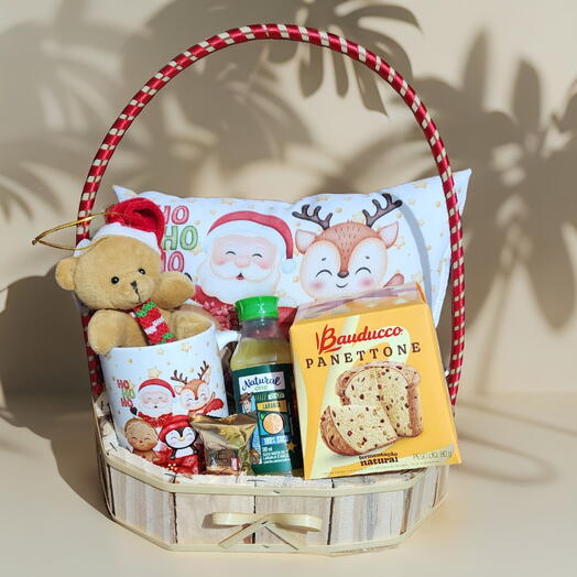 Cesta Cafe da Manhã "Feliz Natal" com Panettone e Almofada Ho Ho Ho