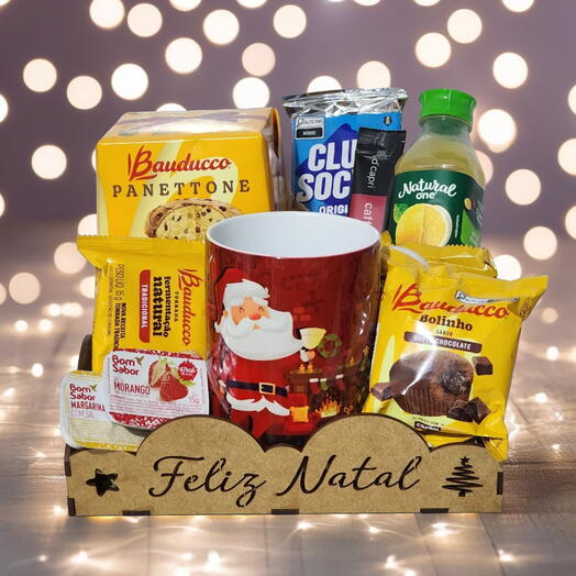 Cesta "Feliz Natal" Cafe da Manhã e Tarde com Panettone e Caneca Personalizada