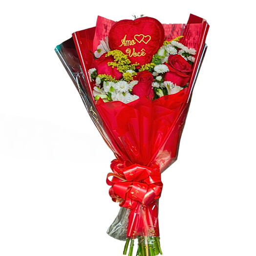 Ramalhete 3 Rosas Vermelha e Pelucia Coração pequeno