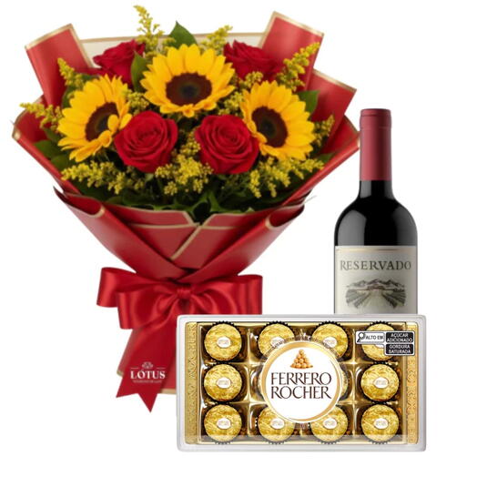 Buquê Medio de Rosas e Girassol + Vinho + Ferrero 12 Unidades