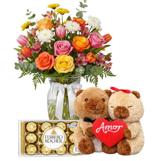 Buquê Flor do Campo com Ursinho Capivara e Ferrero
