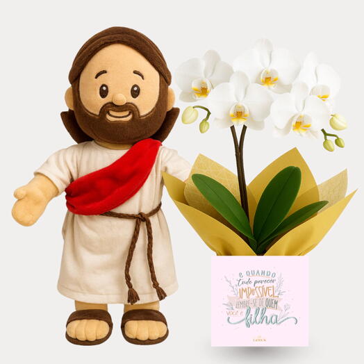 Pelucia de Jesus + Orquidea no Cachepo Lembre-se de quem você e Filha