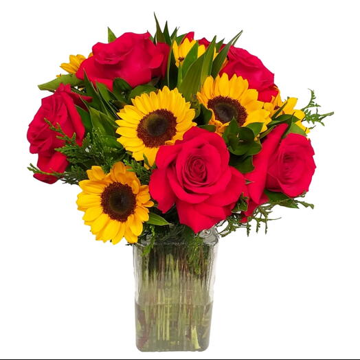 Arranjo de Rosas Vermelhas com Girassol na Base de Vidro