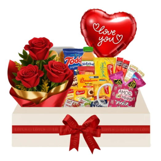 Cesta Cafe da Manhã + Trio de Rosas + Balão + Caneca