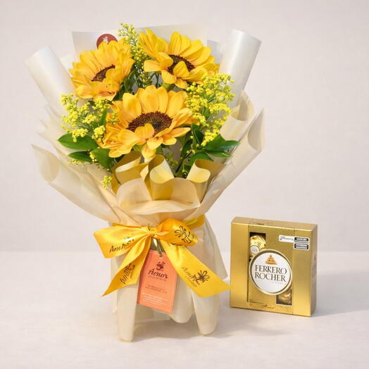 Buquê Coreano com 3 Girassois + Ferrero Rocher (4 unidades)