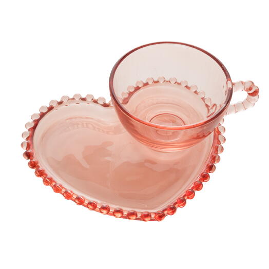 Xicara de Cha de Cristal com Prato Coração Pear lRosa 180ml - Wolff
