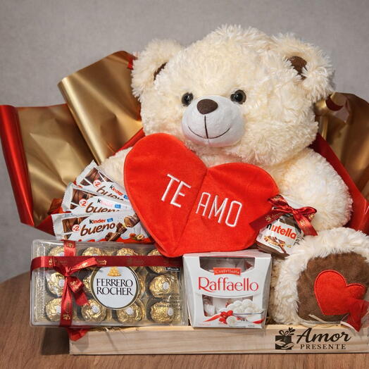 Cesta Romântica Grande com Urso de Pelucia e Chocolates Premium