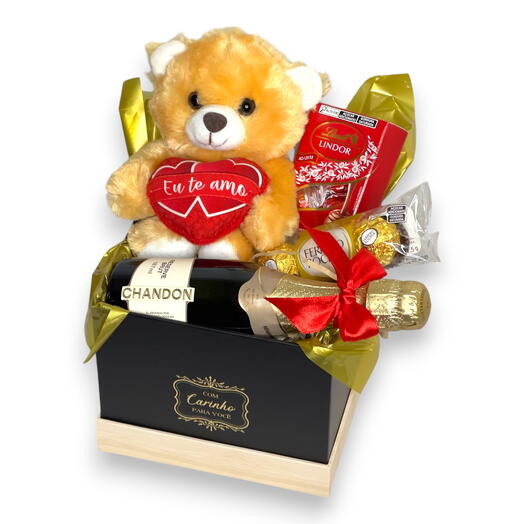 Cesta Box Luxo de Espumante Pequena com Urso e Chocolates