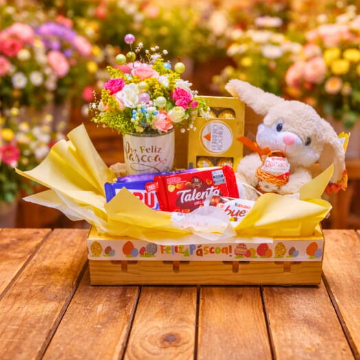 Cesta Pascoa com coelho de pelucia e chocolates diversos