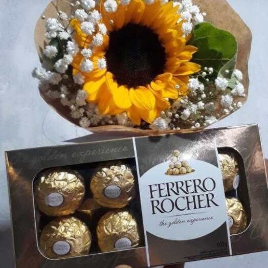 Buquê com 1 girassol e ferrero rocher