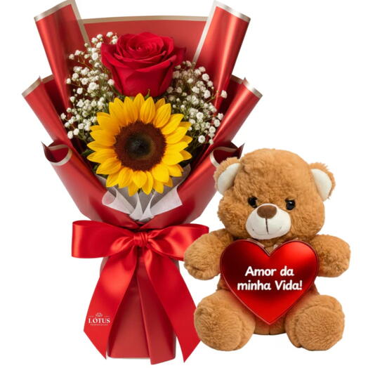 Kit: Buquê Duo com Rosa e Girassol + Urso Medio Amor da Minha Vida