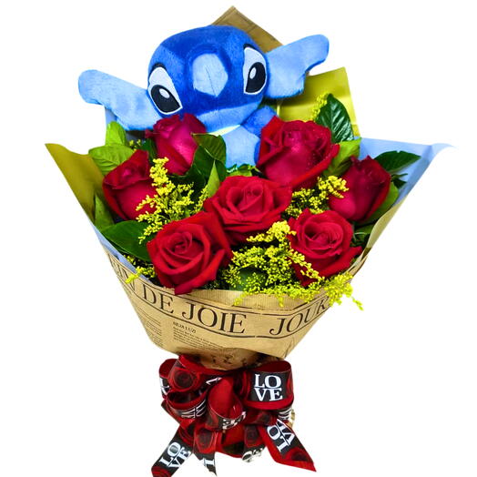 Buquê Amor Eterno - 7 Rosas Vermelhas com Stitch