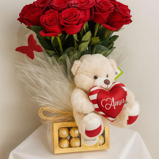 Kit Doce Amor - Rosas vermelhas Importadas + Ferrero Rocher + Urso Pelucia