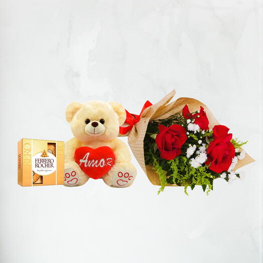 Buquê de Rosas com Urso e Chocolate