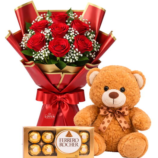 Kit Buquê de 7 Rosas(Escolha a cor) com Urso Medio + Ferrero Rocher