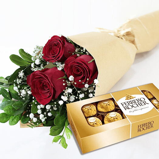 BUQUÊ DE ROSAS COM FERRERO ROCHER