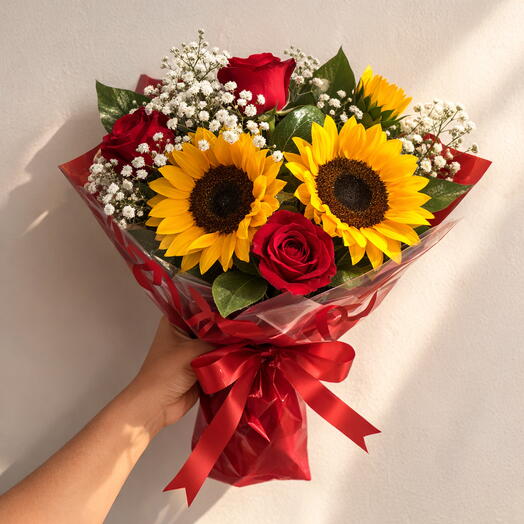 Buquê Mix de Rosa com Girassol