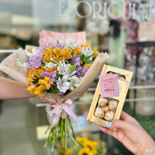 BUQUE DE ASTROMELIAS COM FERRERO DE 8 UNIDADES