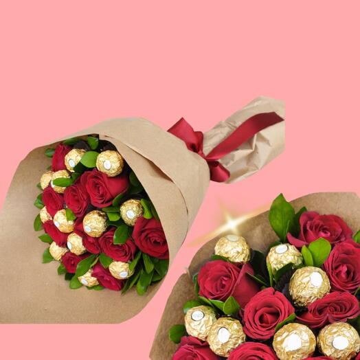 Buquê de Rosas e Chocolates