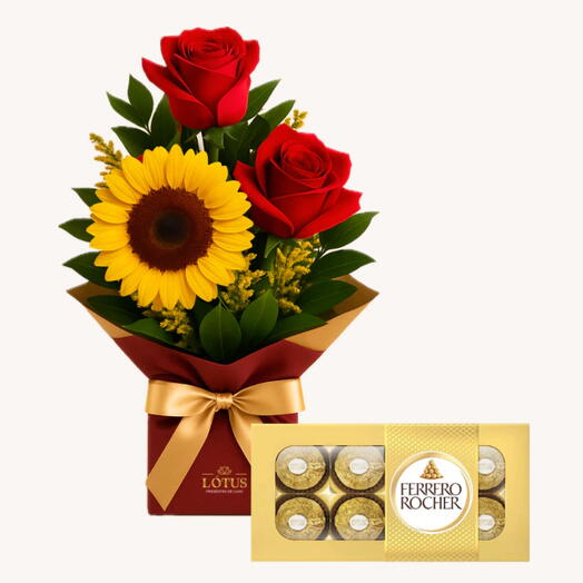 Arranjo de Rosas e Girassol com Ferrero Rocher 8 Unidades