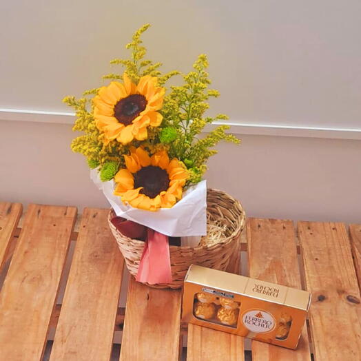 Kit com Arranjo de Girassois e Bombom Ferrero