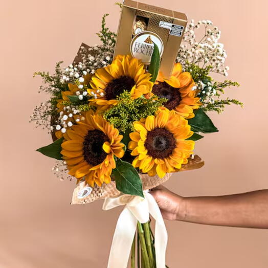 Buquê de 4 Girassois com Ferrero Rocher