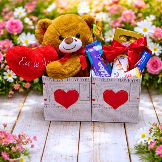 Cesta com urso de pelucia e chocolates com caixa I LOVE YOU