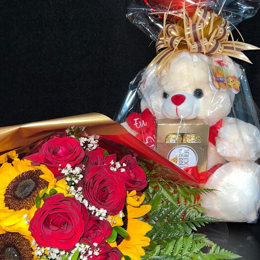 Kit Buquê 6 Rosas e Girassol+ Urso