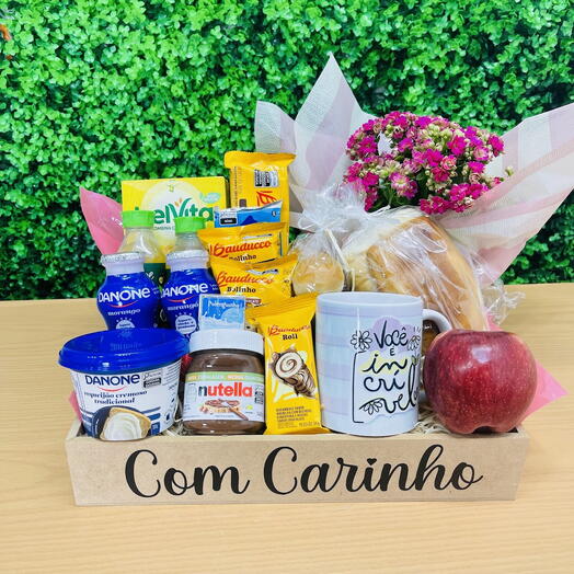 Cafe da Manhã   Tarde Completo com Caneca e Flor